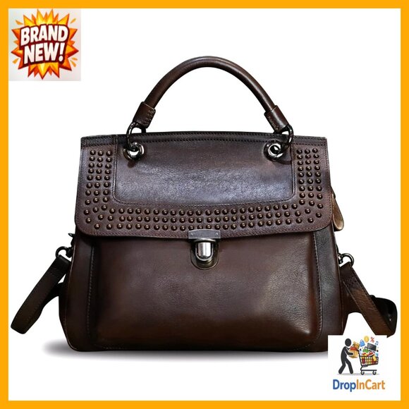 Genuine Leather Satchel Purse Retro Handmade Top Handle Crossbody Bag Rivet